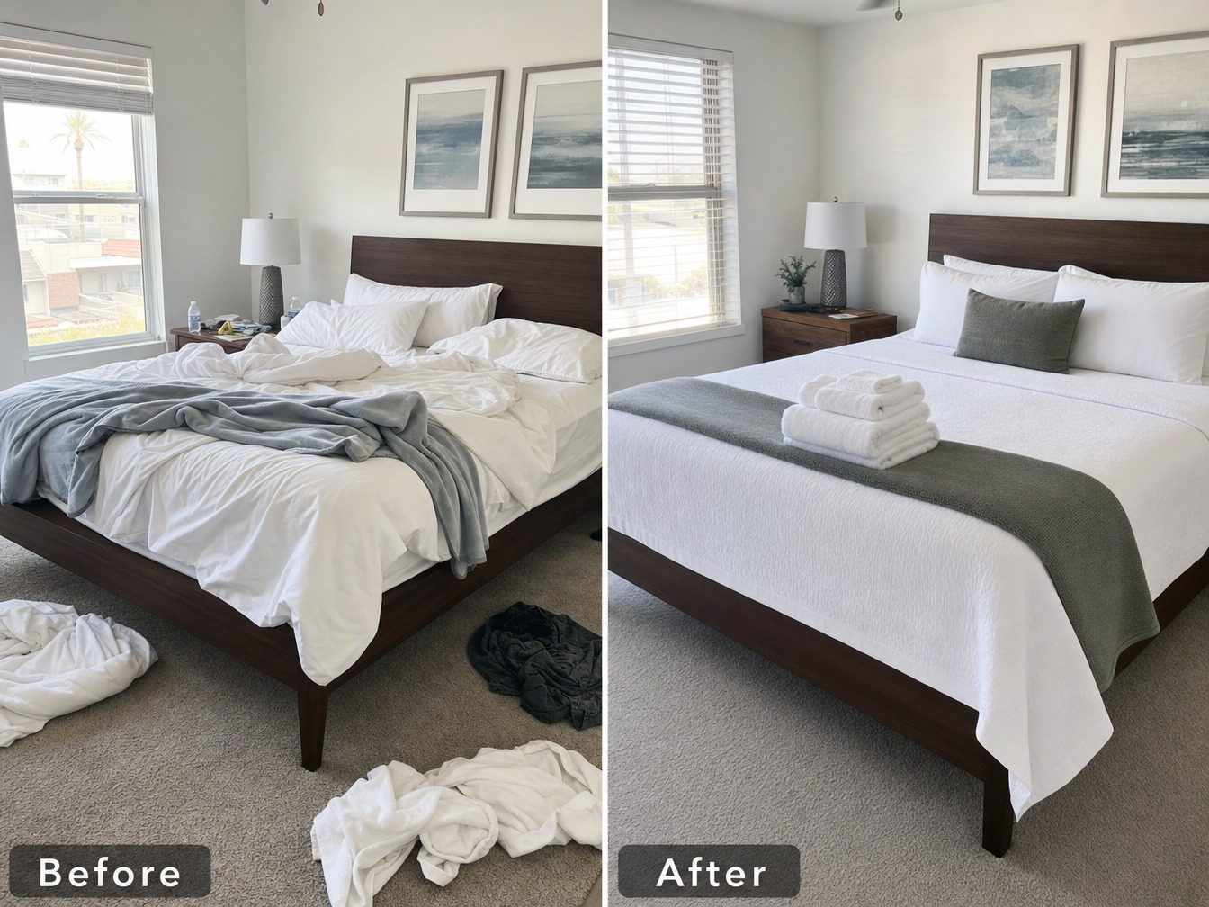 Before and after: messy bedroom turned into a tidy, hotel-style retreat