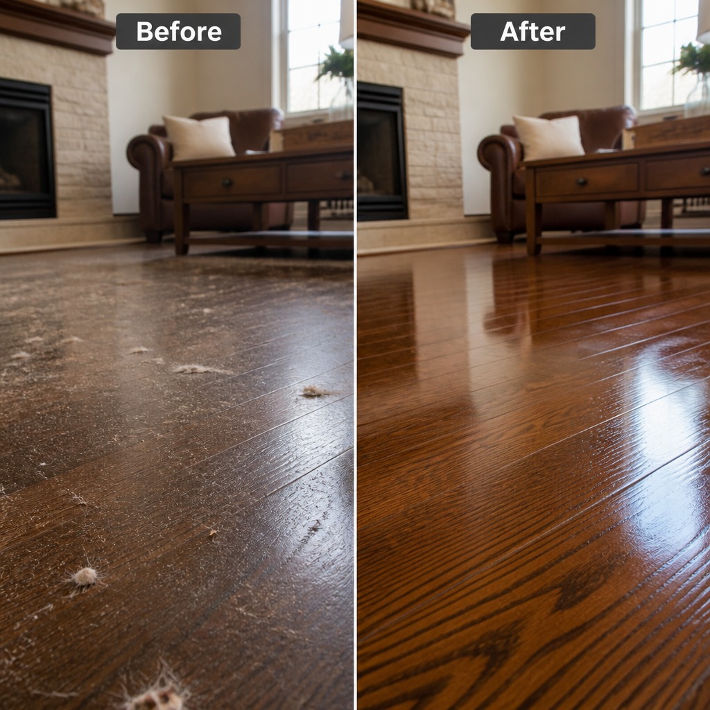 Before and after: hardwood floor restored to a high shine