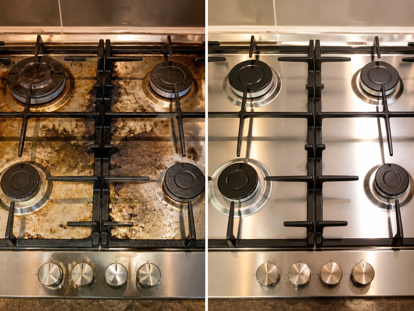 Before and after: grimy gas stovetop deep cleaned to spotless