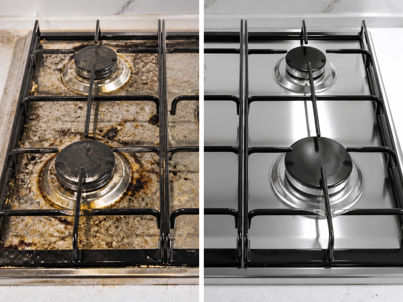 Before and after: heavily soiled stovetop restored to like-new